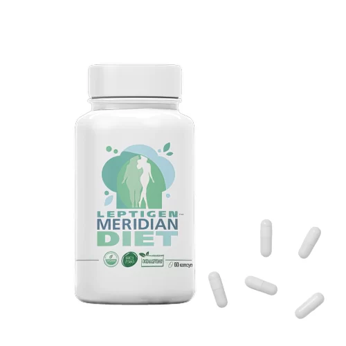 Баночка Leptigen Meridian Diet и пять белых капсул рядом