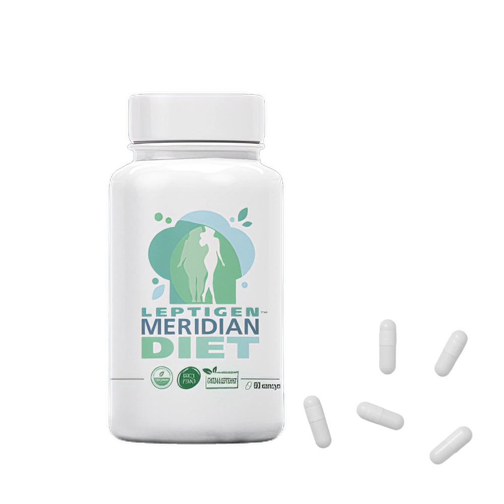 Баночка Leptigen Meridian Diet и пять белых капсул рядом