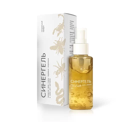 Упаковка и флакон геля Синергель: белая картонная коробка с золотистыми изображениями насекомых и прозрачный флакон с золотистым гелем внутри с дозатором-пульверизатором