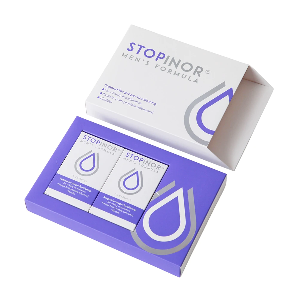 Упаковка STOPinor Men's Formula - комплекс от недержания мочи для мужчин с каплевидным логотипом в бело-фиолетовом дизайне