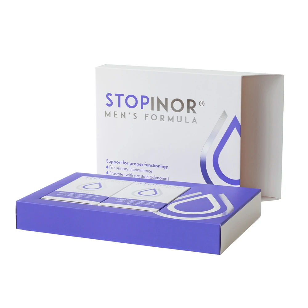 Stopinor men's formula - капсулы для лечения недержания мочи у мужчин, белая упаковка с синим логотипом в виде капли