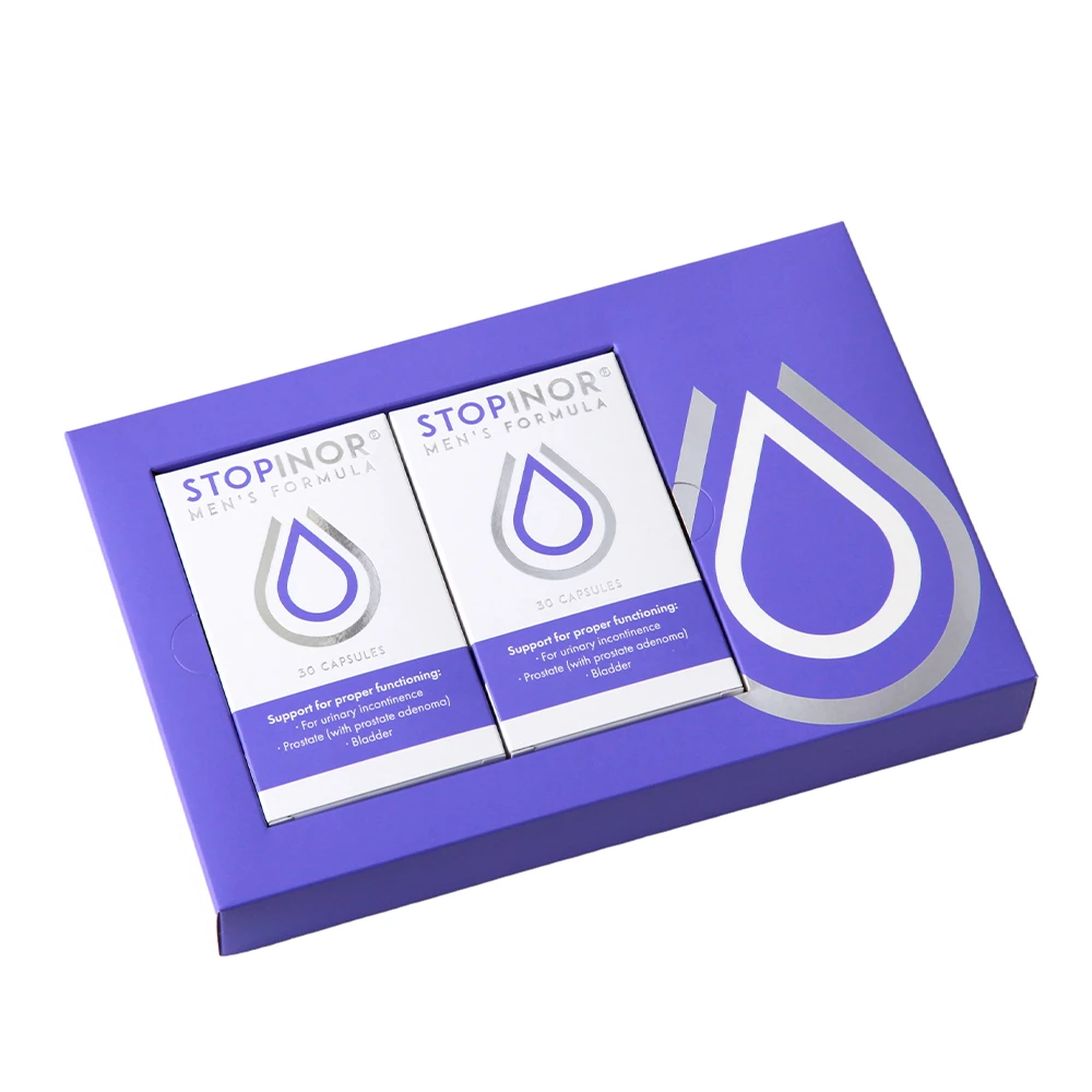 Капсулы Стопинор для мужчин в фирменной упаковке с изображением капли, средство от недержания мочи