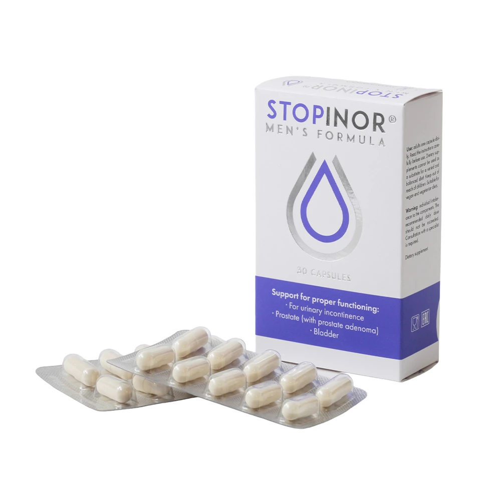 Блистеры с капсулами и упаковка Стопинор для мужчин - средство от недержания и проблем с простатой