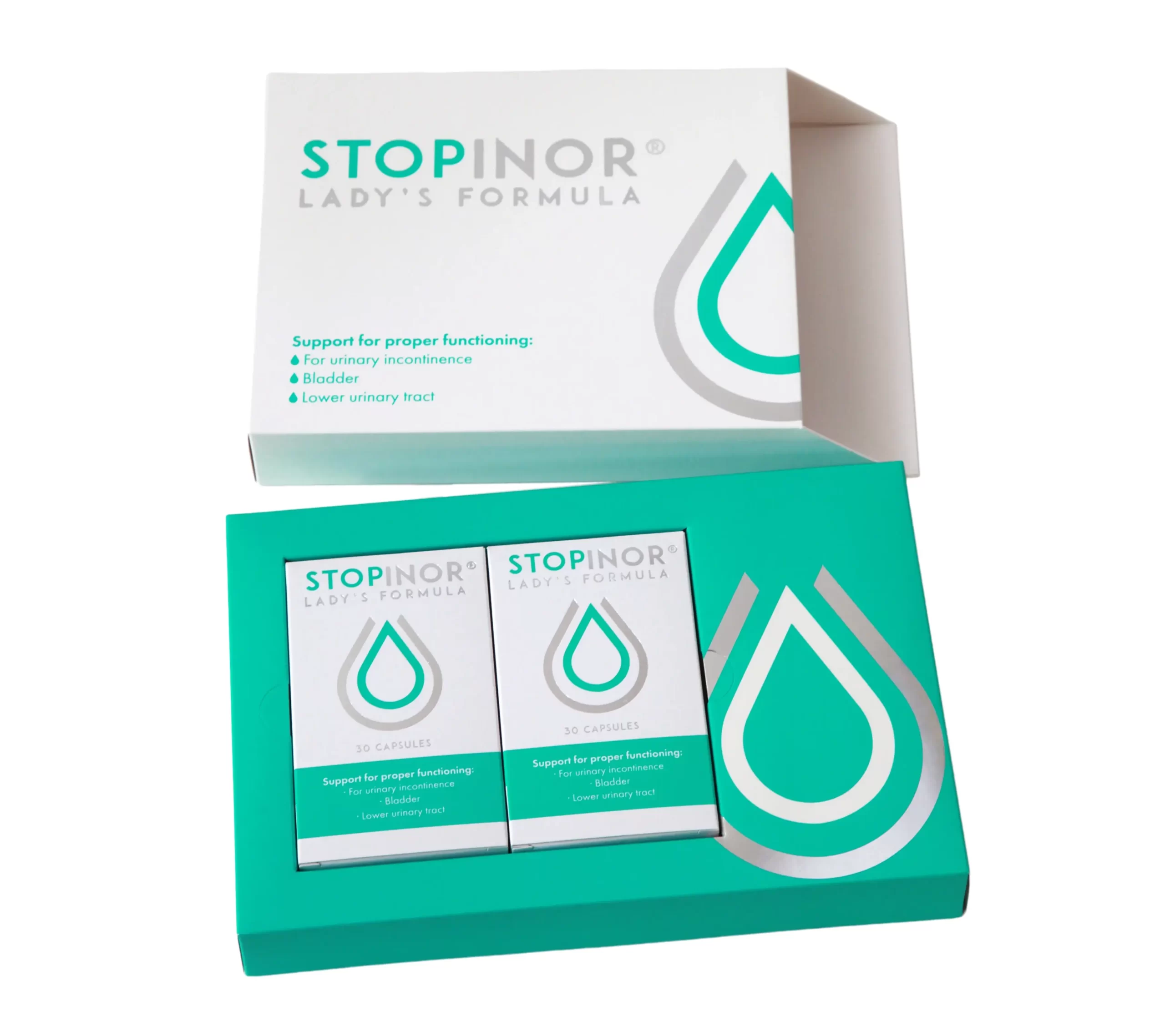Две части упаковки капсул Стопинор для женщин
