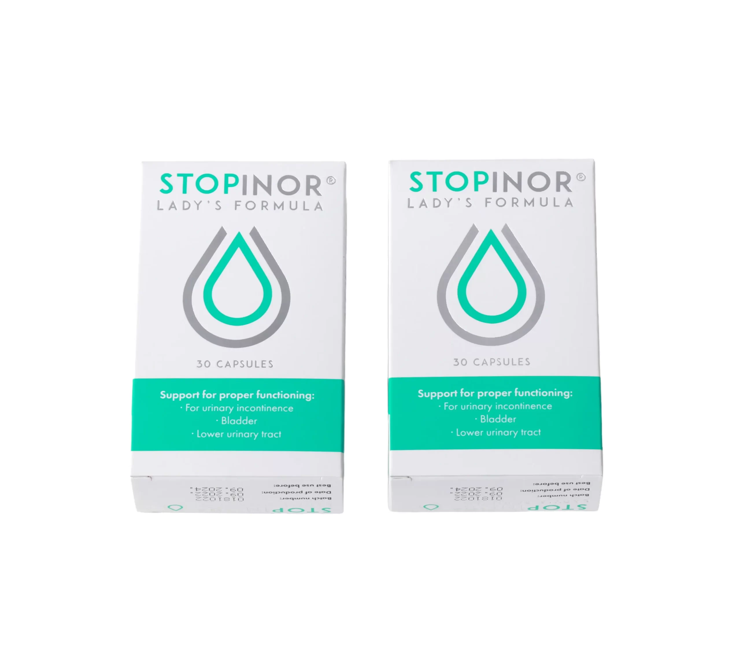 Две коробки с препаратом Стопинор для женщин на белом фоне.