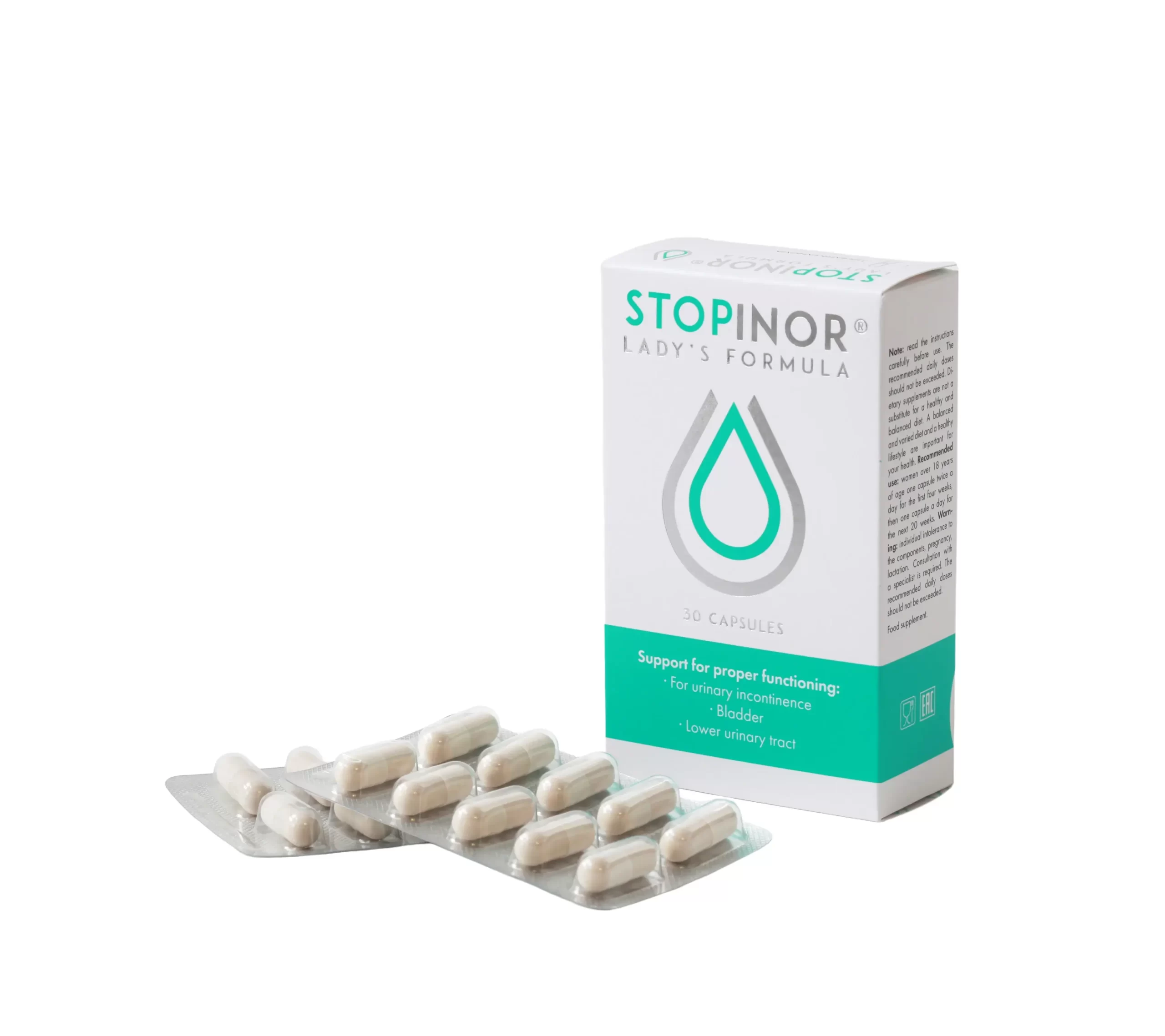 Два блистера с капсулами препарата Стопинор для женщин на белом фоне и картонная упаковка