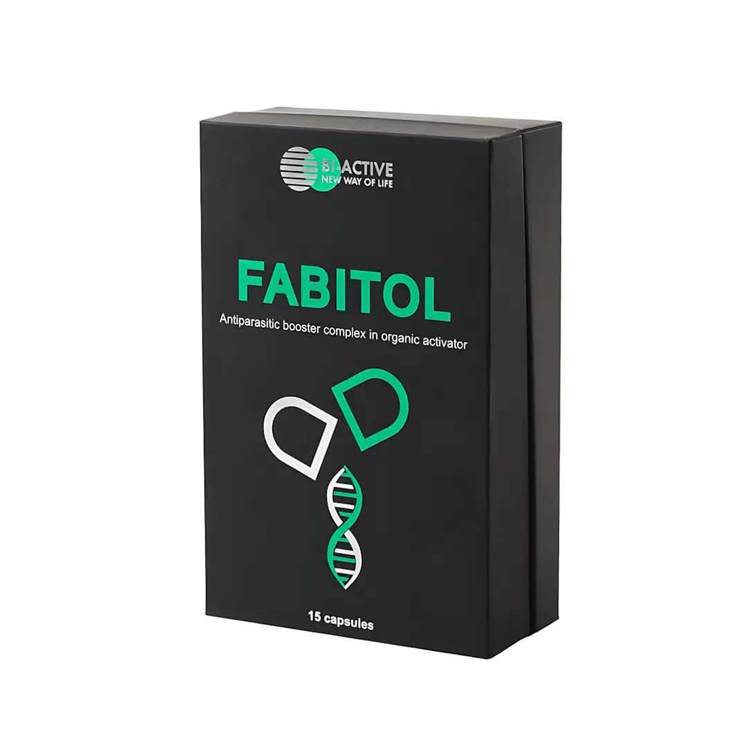 Упаковка препарата Fabitol, антипаразитарного комплекса в виде капель. На упаковке логотип и надпись 'Fabitol' с информацией о 15 капсулах.