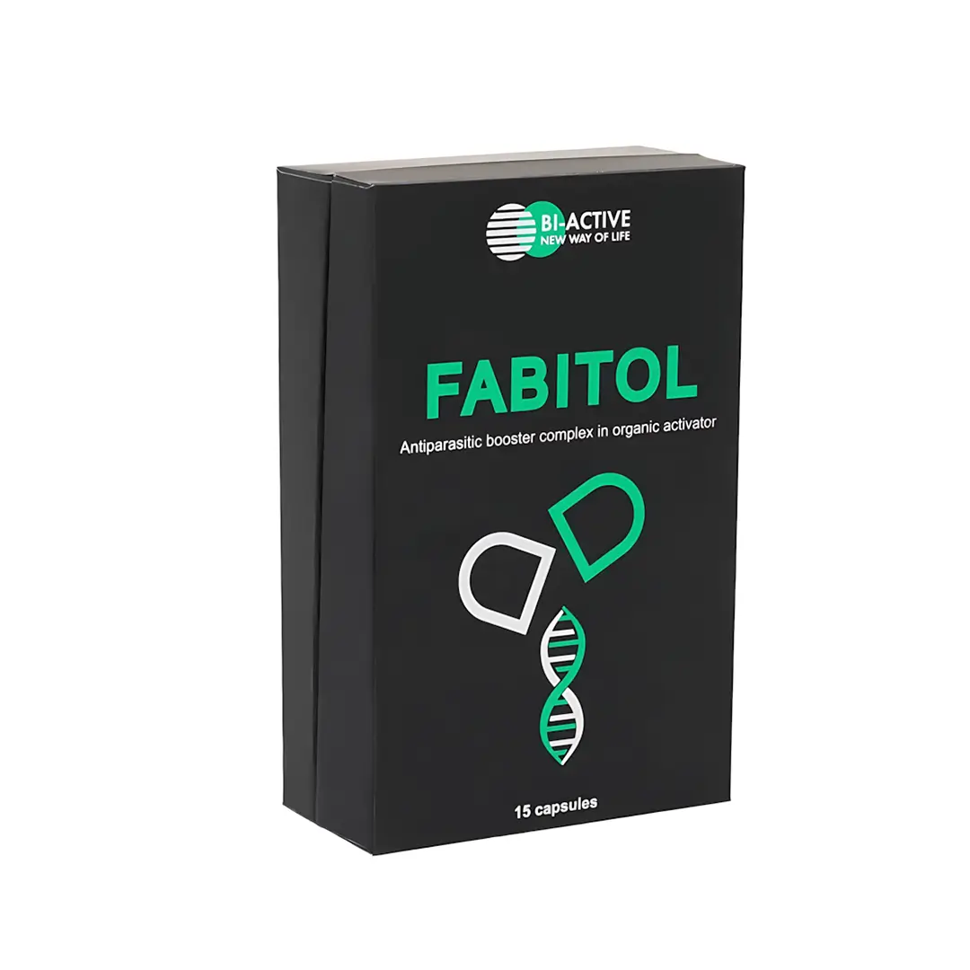 Упаковка препарата Fabitol, антипаразитарного комплекса в виде капель. На упаковке логотип и надпись 'Fabitol' с информацией о 15 капсулах.