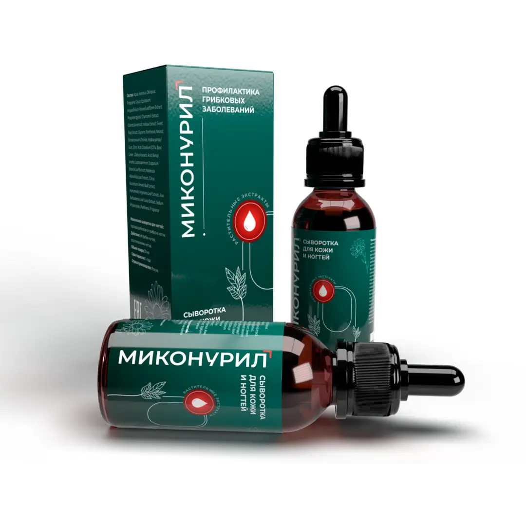 Композиция из двух флаконов капель Миконурил и фирменной упаковки на белом фоне. Флаконы содержат коричневую жидкость с черной капельницей, оформлены в зеленой цветовой гамме
