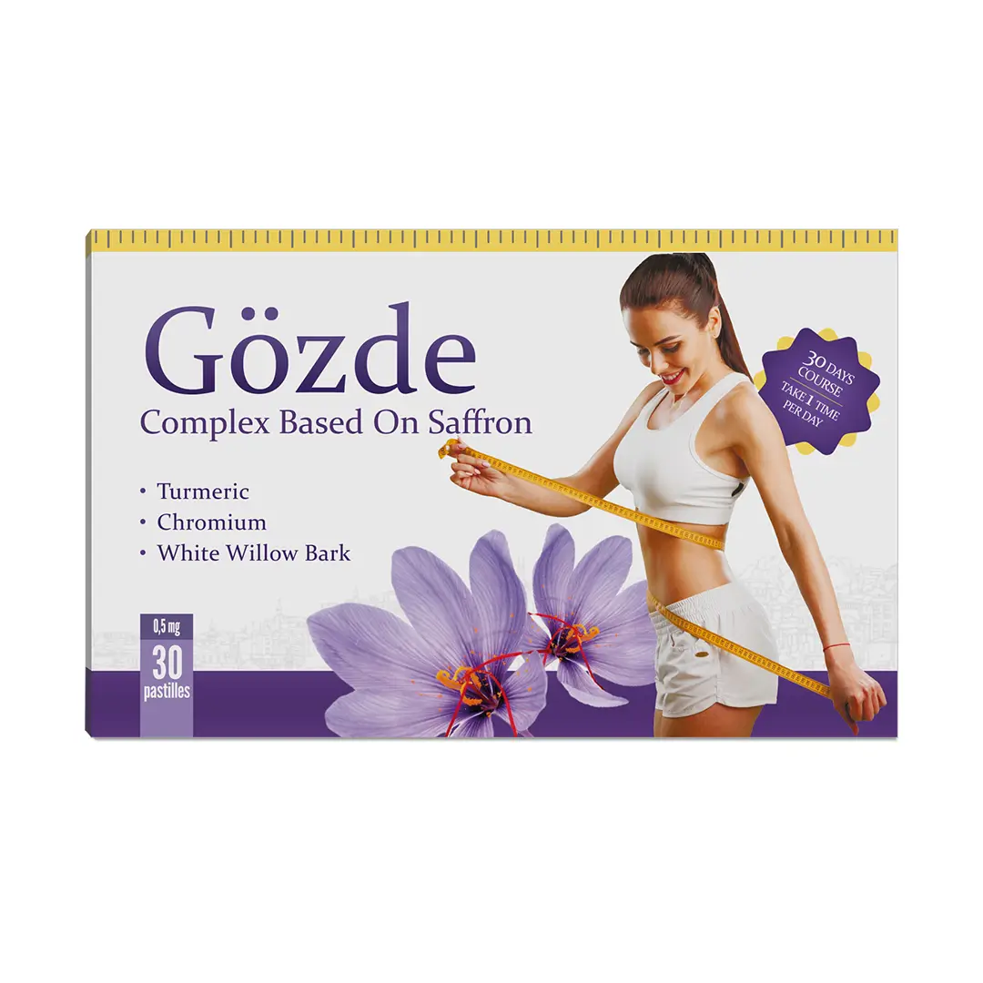 Коробка БАД Гёзде с составом: шафран, куркума, хром, экстракт белой ивы, 30 пастилок