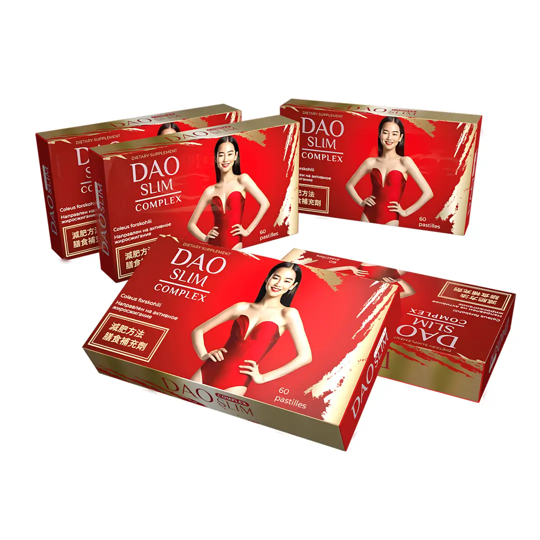 Несколько упаковок препарата Dao Slim в красно-золотистом дизайне, биологически активная добавка для контроля веса с растительными экстрактами