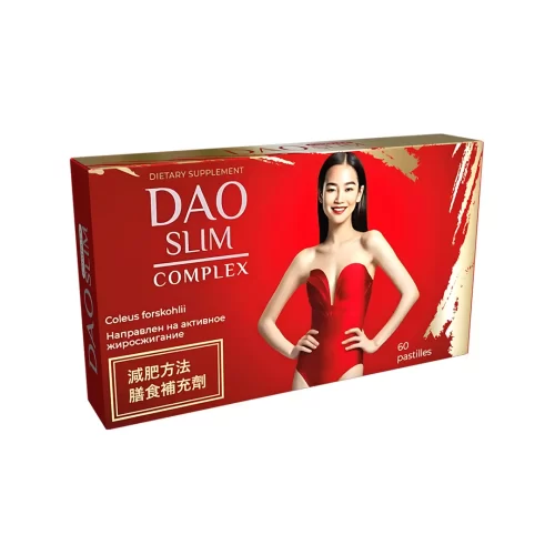 Упаковка биологически активной добавки Dao Slim для похудения, красная коробка с изображением женщины в красном платье, содержит 60 пастилок