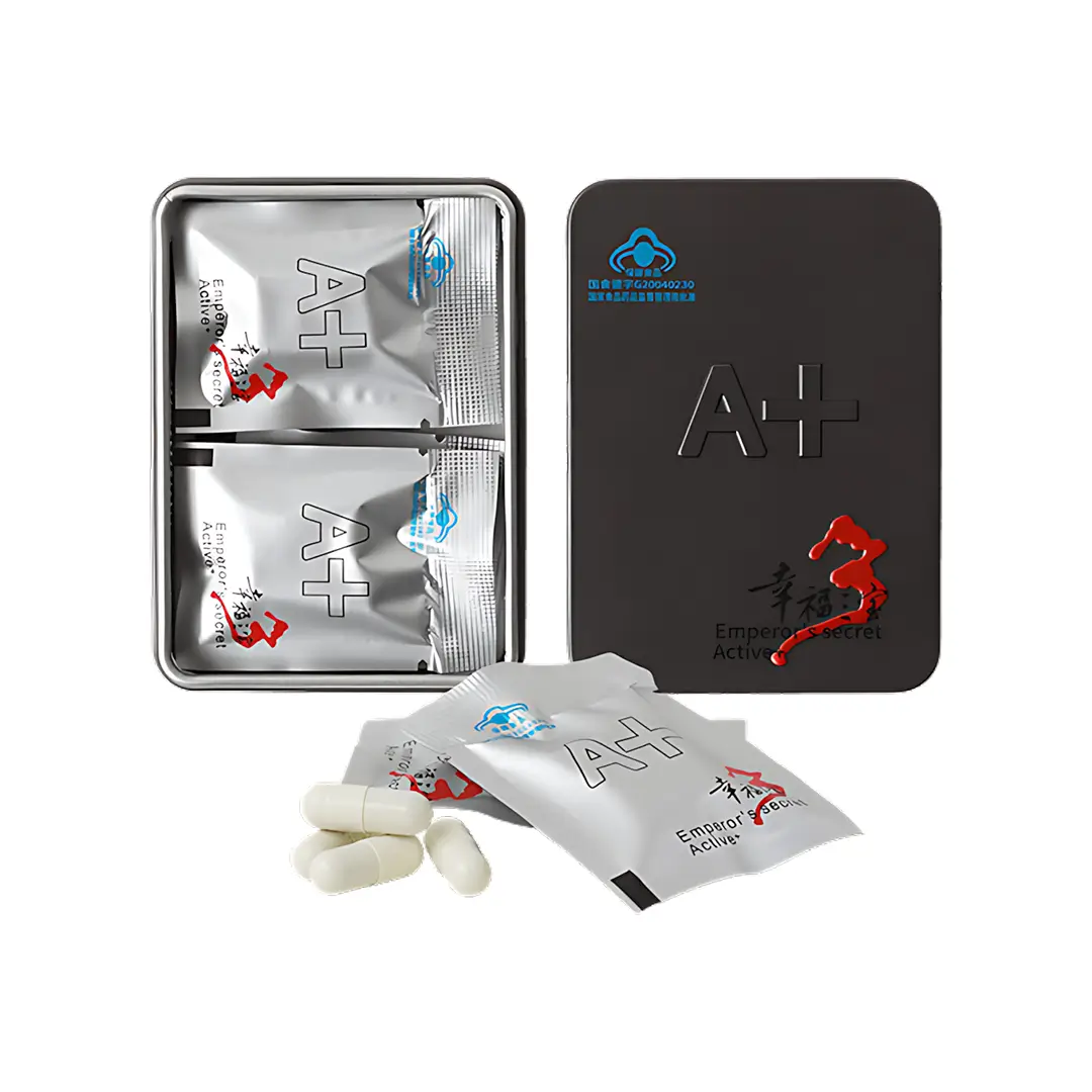 Открытая упаковка Секрет Императора Актив+ с капсулами в индивидуальных пакетиках внутри металлической чёрной коробки