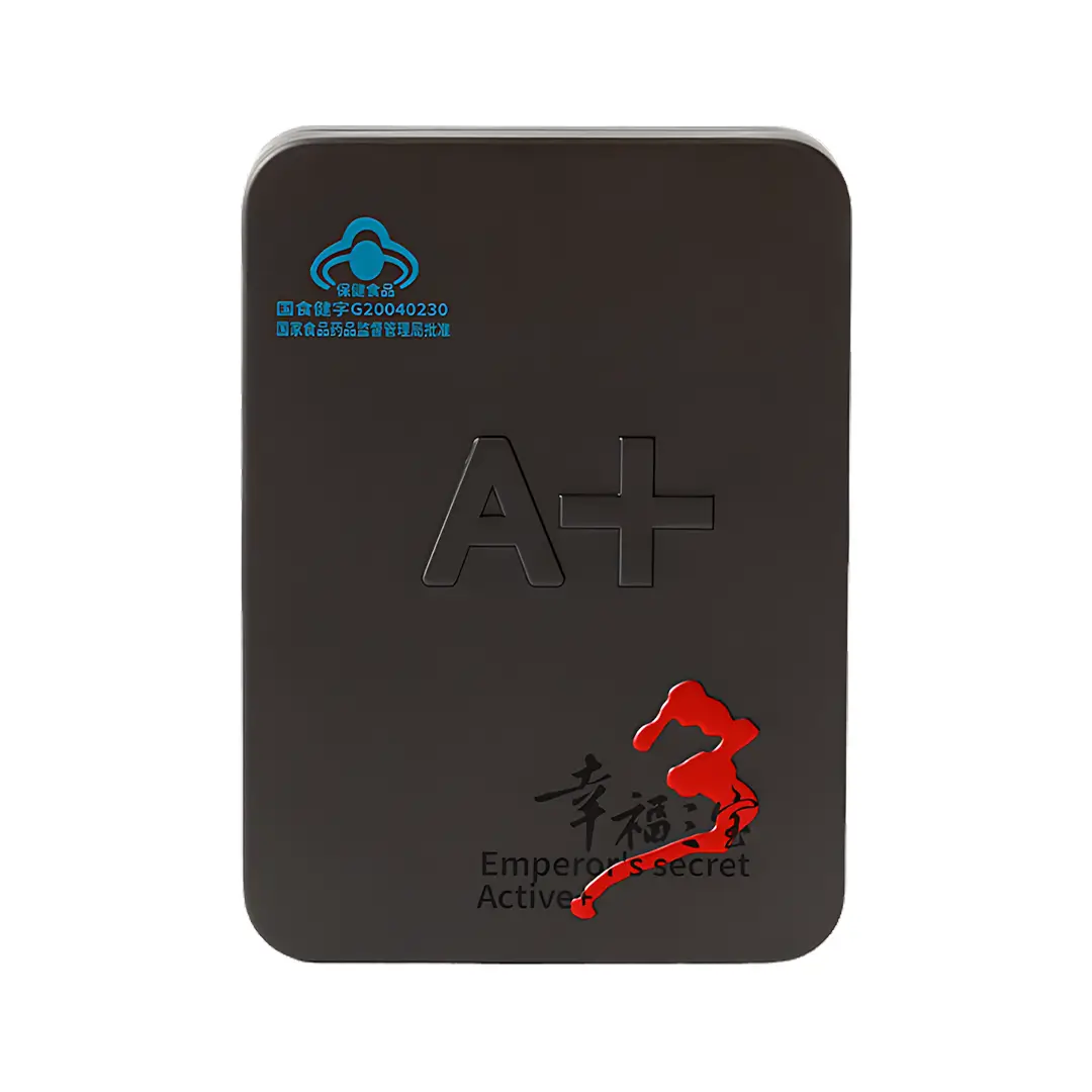 Упаковка БАД Секрет Императора Актив+ в черной металлической коробке с китайскими иероглифами и логотипом A+
