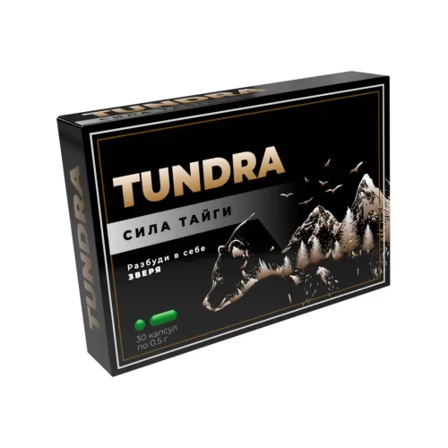 Упаковка капсул «Тундра» («Сила Тайги») чёрного цвета с большим золотистым логотипом TUNDRA, на переднем плане силуэт волка на фоне таёжных гор, внизу указано «30 капсул по 0,5 г».