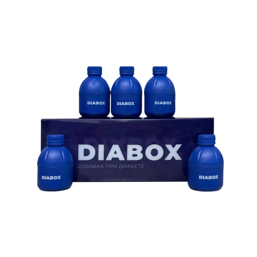 Diabox - пищевая добавка при диабете, пять синих пластиковых бутылочек на фоне фирменной упаковки