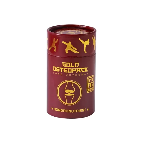 Упаковка Голд Остеопак в красной цилиндрической тубе с золотыми надписями и силуэтами спортсменов, хондронутриент для суставов