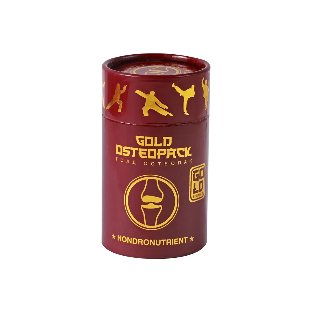 Упаковка Голд Остеопак в красной цилиндрической тубе с золотыми надписями и силуэтами спортсменов, хондронутриент для суставов