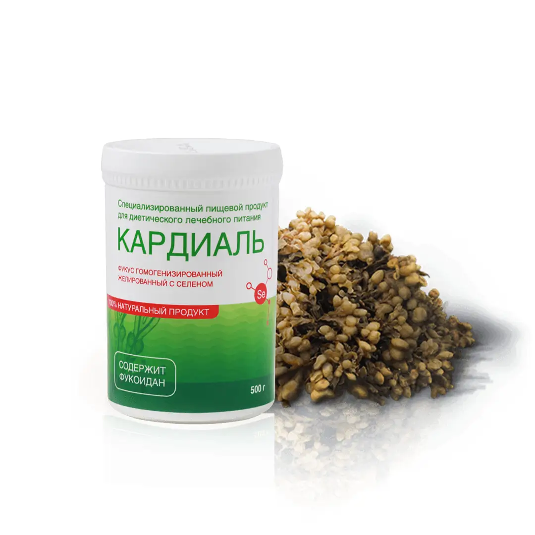 Баночка геля Кардиаль на фоне водорослей фукус