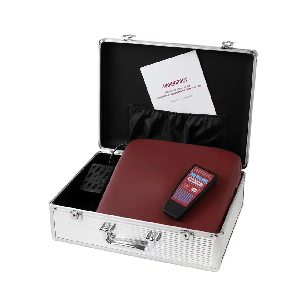 Подушка Нанопросто для женщин и пульт управления с инструкцией лежат в металлическом кейсе