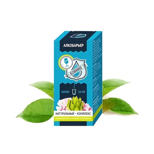 Картонная упаковка капель Алкобарьер от алкогольной зависимости на фоне листиков, подчёркивающих натуральность состава