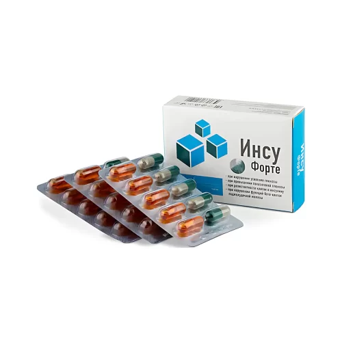 Упаковка капсул ИнсуФорте и три блистера с капсулами разного цвета