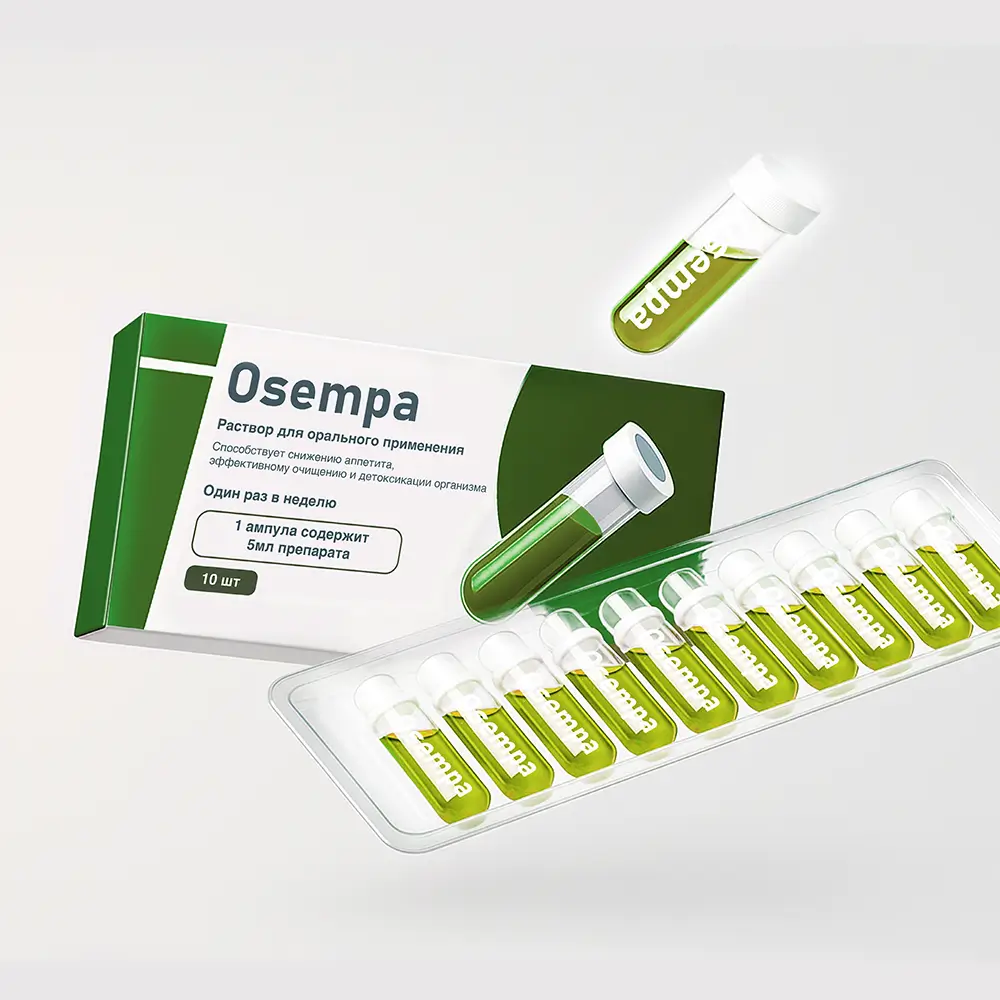 Биологически активная добавка Osempa с открытой ампулой и блистером, зелёная суспензия для похудения