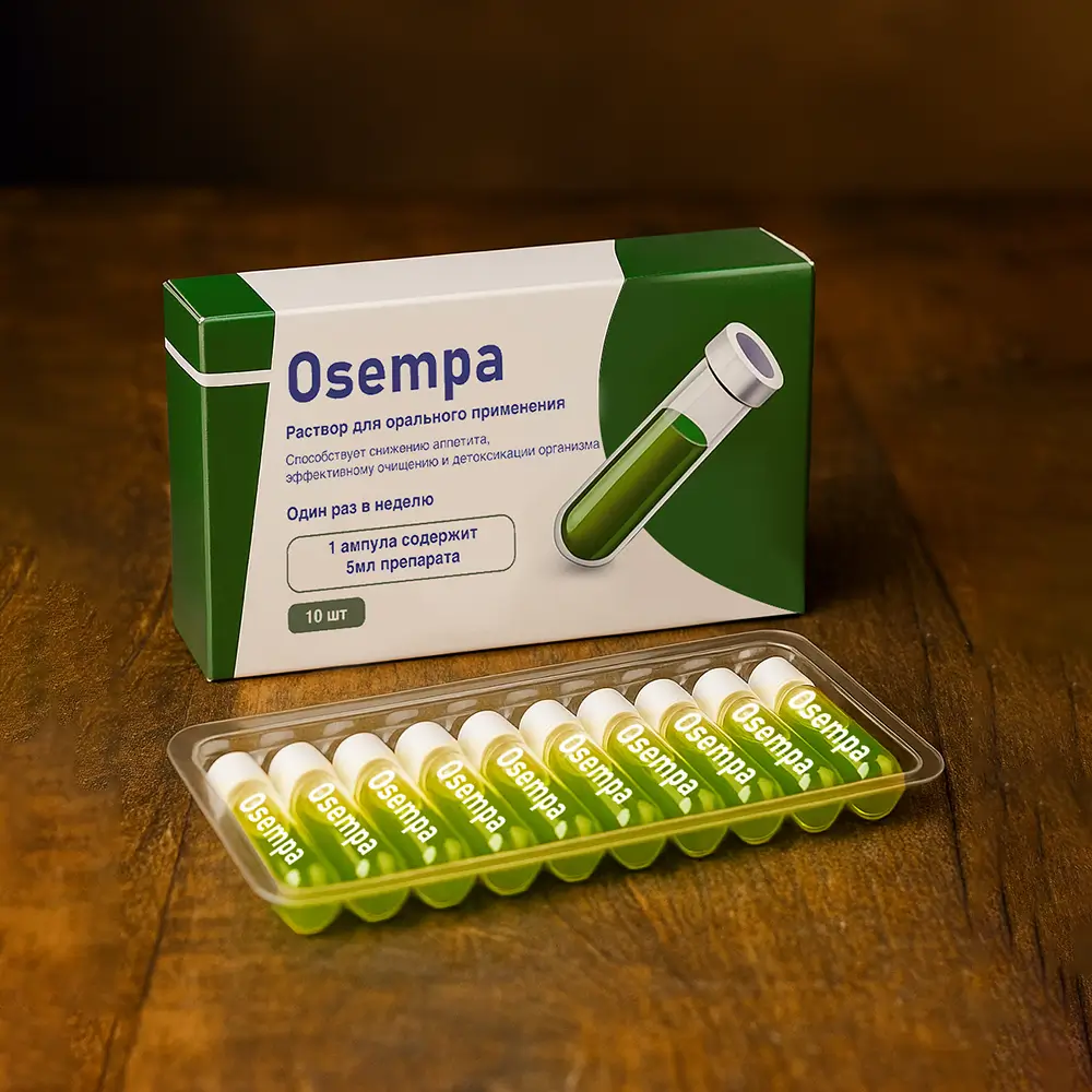 Упаковка БАД Osempa и блистер с ампулами на деревянной поверхности, средство для контроля аппетита