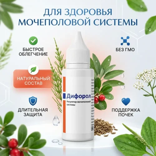 Капли Дифорол с натуральным составом на фоне растительных компонентов: полевой хвощ, толокнянка, семена укропа и тысячелистник