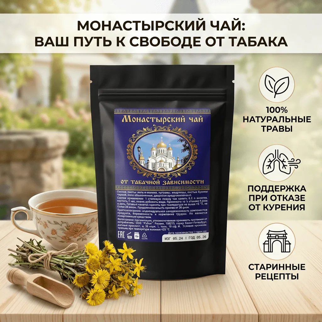 Монастырский чай от табачной зависимости в чёрном дой-паке с чашкой заваренного чая, сухими травами и полевыми цветами на деревянном столе