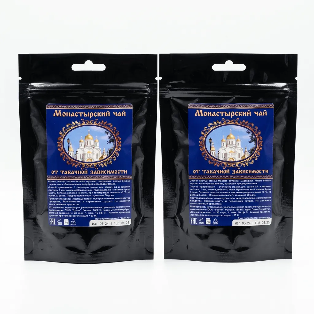 Две упаковки Монастырского чая от табачной зависимости в чёрных дой-паках с синей этикеткой, составом, способом применения и маркировкой EAC