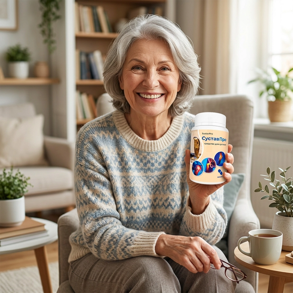 Пожилая женщина держит в руке баночку капсул СуставПро и улыбается