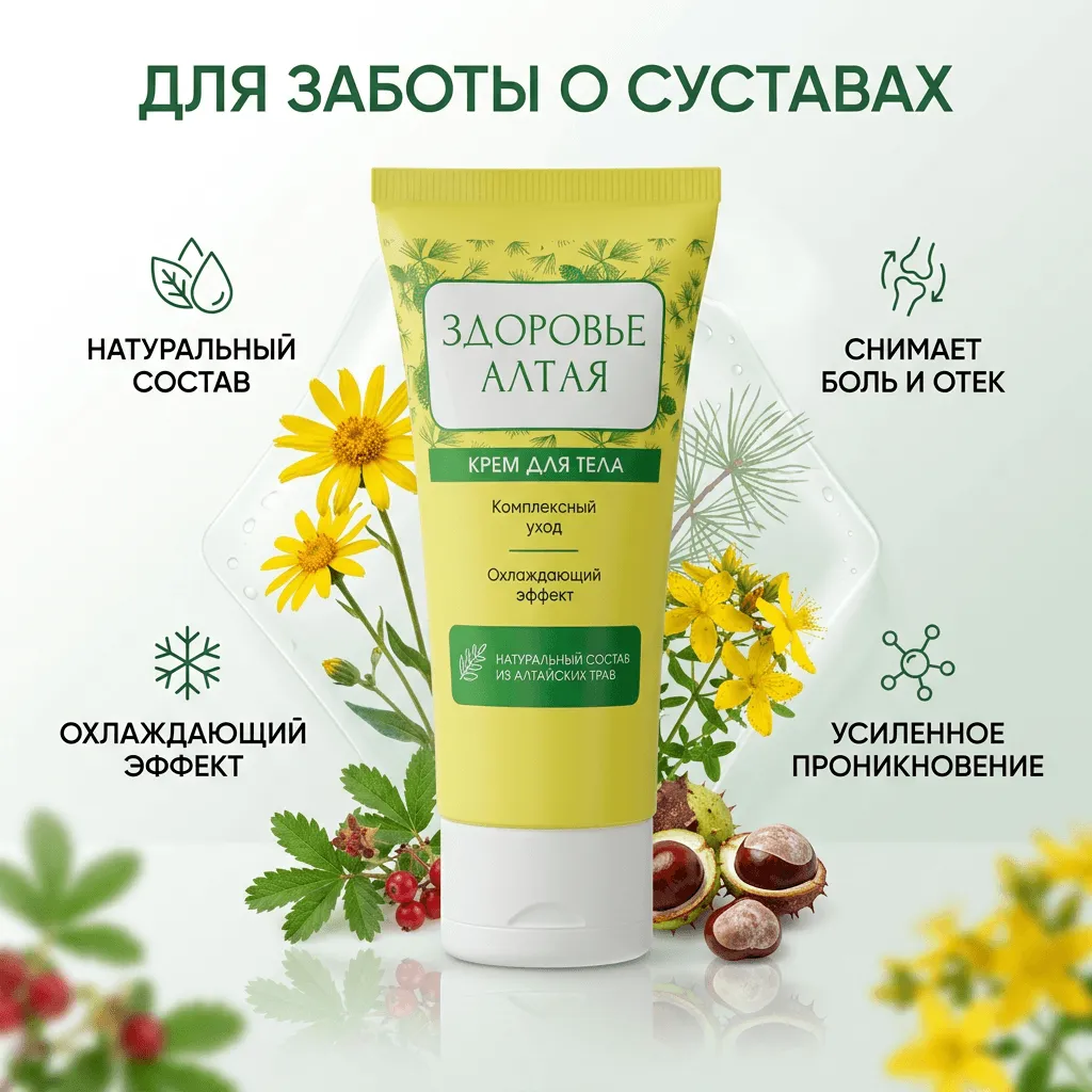 Крем Здоровье Алтая для заботы о суставах с цветками арники, зверобоя и плодами конского каштана