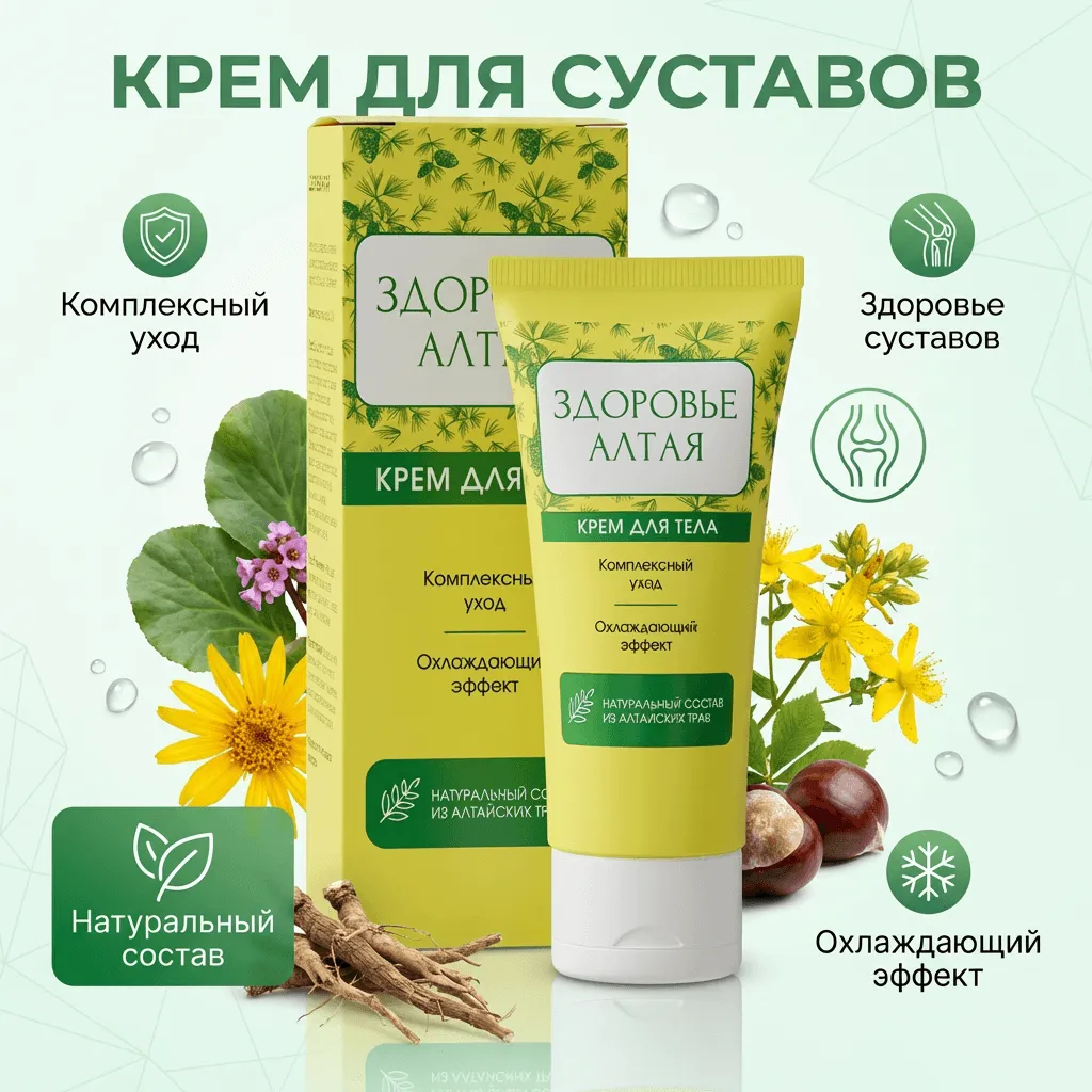 Крем для суставов Здоровье Алтая в тюбике и упаковке с цветками арники, зверобоя и корнем калгана