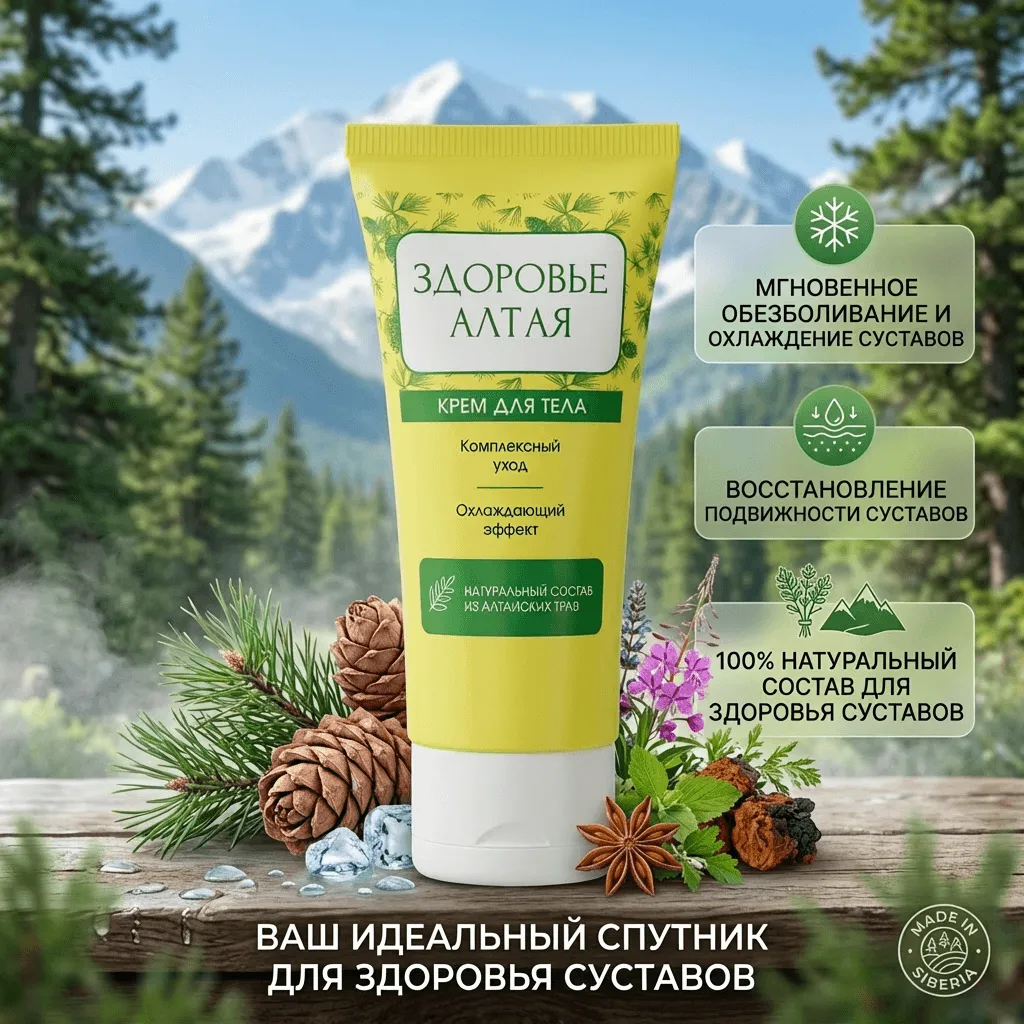 Крем для суставов Здоровье Алтая с охлаждающим эффектом на фоне алтайских гор, шишек кедра и лекарственных трав